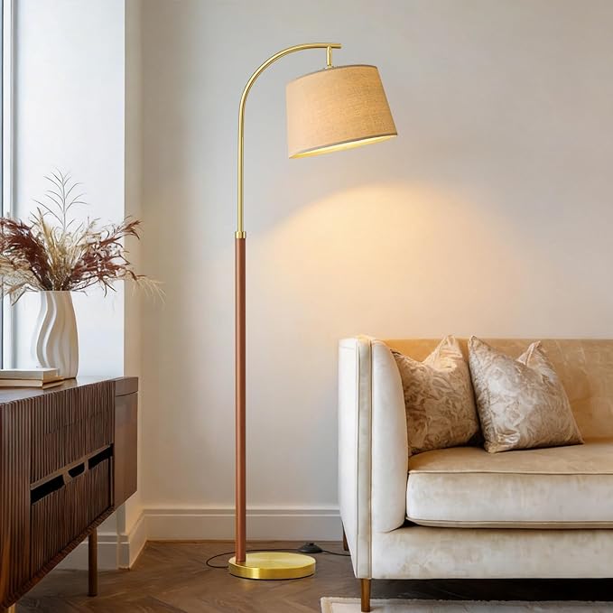 G-SAFAVA Real Wood Floor Lamps for Living Room Bedroom, 62.5" Mid Century Modern Lamp Gold Standing Tall Arc Lamps with Foot Switch, Floor Lamps for Nursery Office Decor Corner Reading Room Light