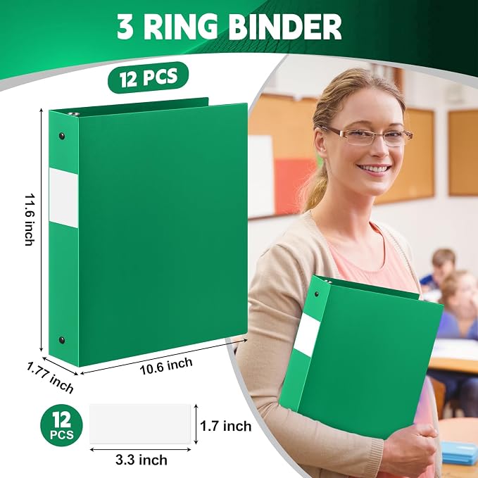 Henoyso 12 Pcs 1.5 Inch 3 Ring Binders, Letter Size,Green | Binders Bulk, Holds 350 Sheets, Round Rings, Durable Flexible PP Plastic Covers, Pockets Labels, School Office Supplies