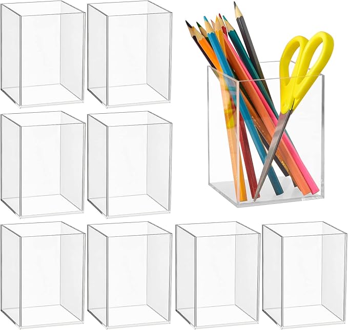 Mototo 8 Pieces Clear Acrylic Pen Holder Acrylic Pencil Cup Clear Makeup Bush Holder Acrylic Desktop Stationery Organizer for Office School Home Desk Accessories (8 Pack, Square)