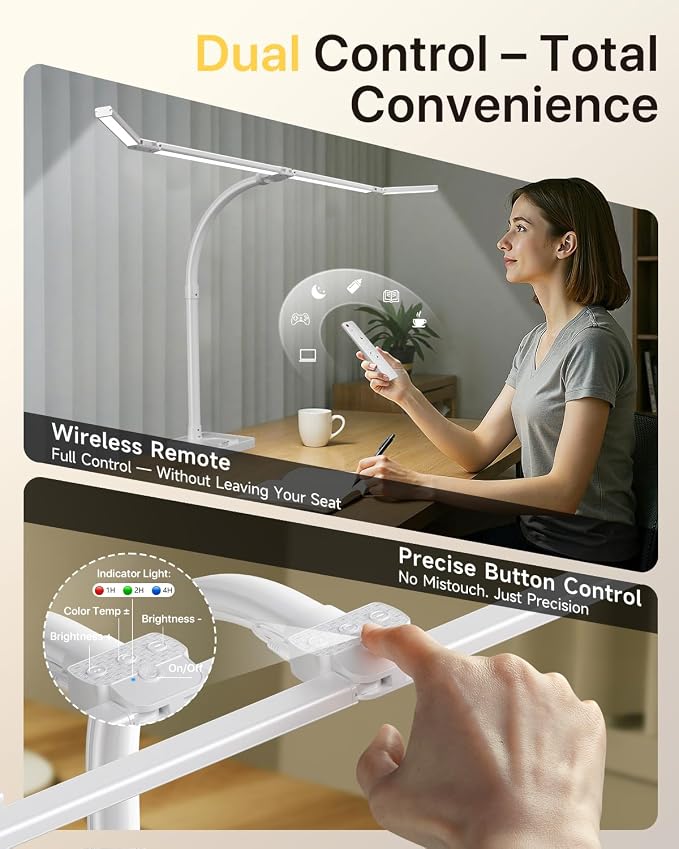 ONEMIX LED Desk Lamp with Base, 42-Inch 4-Panel Light for Dual Monitors | 1800 Lumens, 4 Adjustable Panels, 5 Color Temps, 5 Brightness Levels, Remote, Timer, Flicker-Free for Home Office