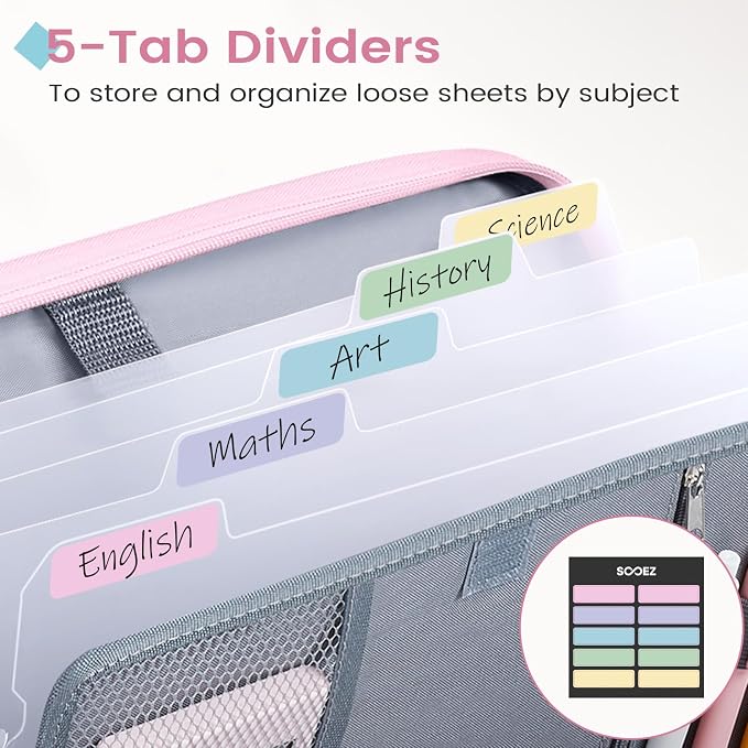 Sooez Zipper Binder Bag, 1 Inch Binders 3 Ring O-Ring, 5-Tab Divider Folder | Expanding File Folder, 500-Sheet Capacity Three Ring Binder, Organizer Storage for Student School Classroom Supplies, Gray