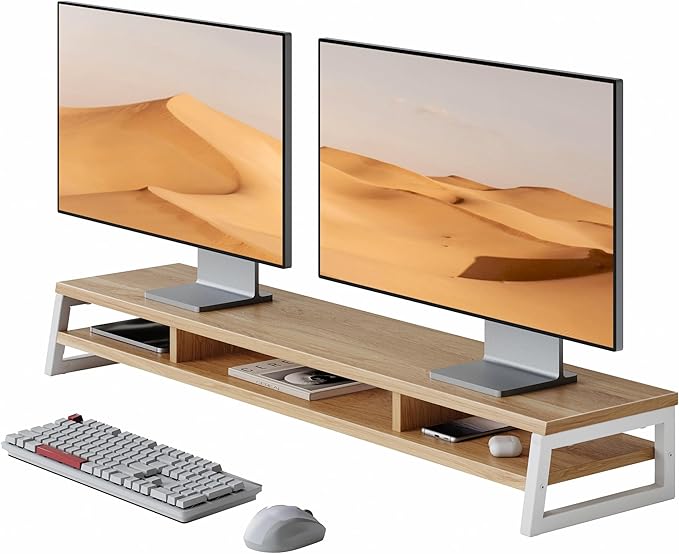 Fenge Dual Monitor Riser for Desk, Open Shelf with 3 Storage Compartments | 42.5in Computer Monitor Stand, 2-Tier Desk Shelf for Top of Desk,One-Piece Panel, fit Ultrawide Monitor, PC, Laptop, Dark Oak