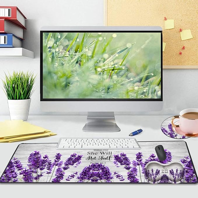 Large Gaming Mouse Pad 31.5x11.8 Inch Keyboard Pad + Ergonomic Wrist Rest Pad and Coaster with Non-Slip 3-Piece Desk Supplies Set, Bible Psalm 46:5 Lavender Design for Gamers/Office/Study