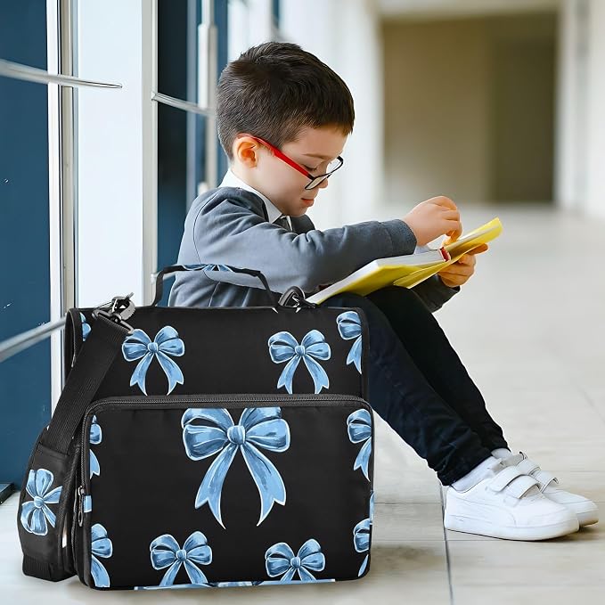 Blue Bow Print 3 Ring Zipper Binder Bag Binder Organizer with Handle Shoulder Strap for School Work Office Supplies