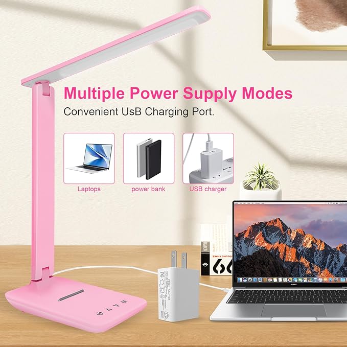 LED Desk Lamp for Office Home, Bright Desk Light with USB Charging Port, Adjustable Dimmable Desk Lamps 5 Modes 5 Brightness, Touch Study Lamp for Nail, Craft, Puzzle, Sewing, Study, Pink