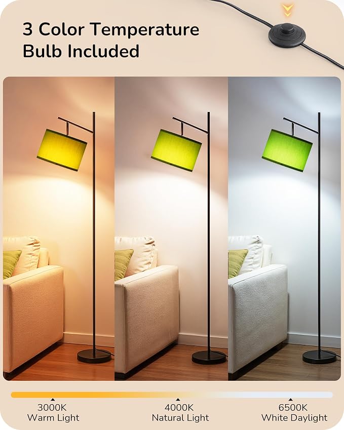 EDISHINE Modern Floor Lamps for Living Room, 64.7" Green Standing Lamp | 3 Color Temperatures, Bulb Included, Adjustable Linen Shade, Foot Switch, Minimalist for Bedroom, Living Room, Office