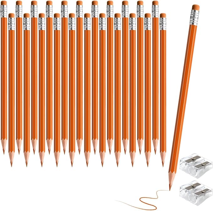 24PCS Erasable Colored Pencils with Eraser Pre Sharpened Pencil 2 HB - Ideal for Checking, Grading, Tests & Office/School Supplies (Orange)