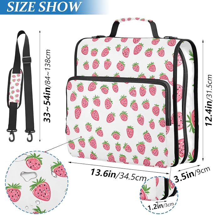 Zipper Binder Strawberry 3 Ring Binder with Shoulder Strap 500 Sheet Capacity Storage Organizer Trapper Keeper File Folder