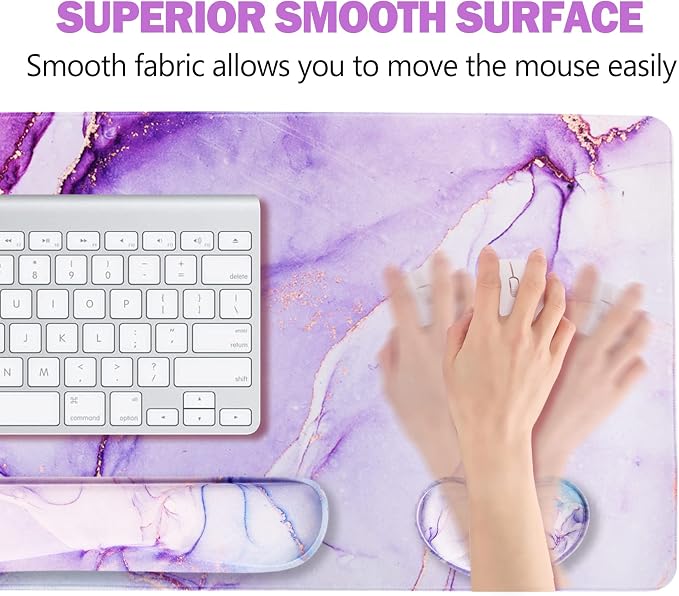 Large Gaming Mouse Pad, Keyboard Wrist Rest Pad & Wrist Support Mousepad Set, Stitched Edge, Extended, Non-Slip Base, Memory Foam,Multifunctional Desk Mat for Office & Home, Purple Blue Marble
