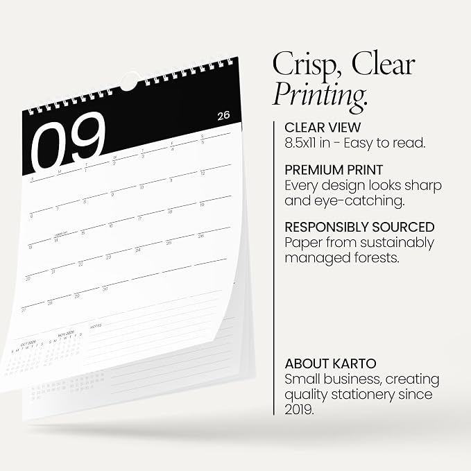 Karto Wall Calendar 2026-2027 8.5x11 in - Modern Black