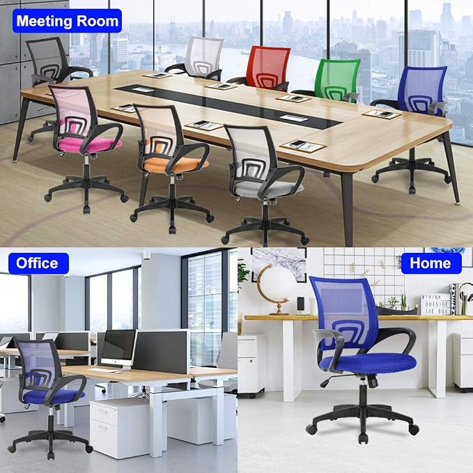 BestOffice | Ergonomic Office Chair | Mid-Back Swivel Desk Chair | Breathable Backrest & Lumbar Support | Adjustable Height | Sponge Seat | Rolling Wheels | Blue | for Adults & Women | Pack of 2