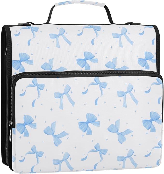 Coquette Blue Bow Watercolor Zipper Binder with Shoulder Strap Bag 3 Ring Binder Organizer Large Capacity Multiple Compartments for School Office