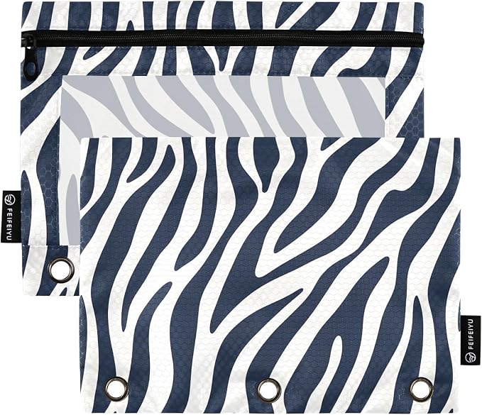 Blue White Zebra Print Pencil Pouch for 3 Ring Binder, 2 Pack Waterproof Pencil Bags Clear Window Pencil Case Zipper School Office Supplies