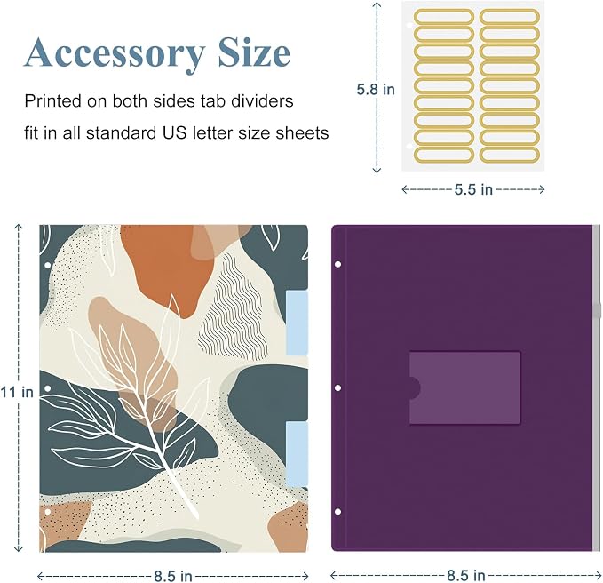 3 Ring Binder, 1 Inches Round Ring Binder with Clipboard, Dividers Tabs, PVC Zipper Bag Sleeves & to Do List Planners for Women, Men, School, Office Supplies, Boho Leaf