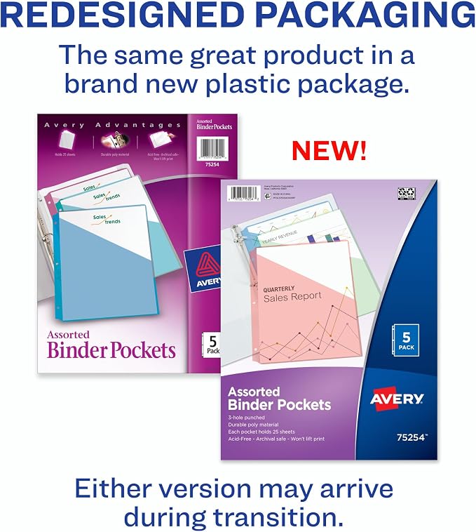 Avery Binder Pockets for 3 Ring Binders, Assorted Colors, for 8.5" x 11" Documents, Acid-Free and Archival-Safe, 5 Folders per Pack, 60 Total (12 Packs of 75254)