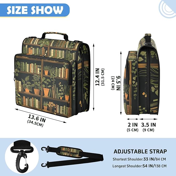 Bookshelf Print Zipper Binder File Organizer Bag 3 D-Ring | with Shoulder Strap, Holds 500 Sheets & 14in Laptop, 3 Ring Binder for Office Supplies