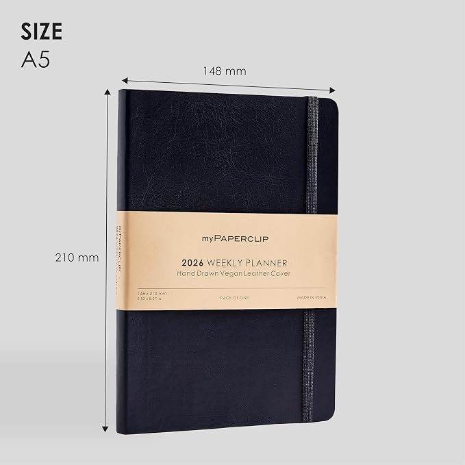 myPAPERCLIP 2026 Weekly & Monthly Planner, 12 Months (Jan2026 - Dec2026), A5 (5.6 in x 8 in), Italian Vegan Leather Planner with Weekly & Monthly Spreads, Yearly Overview – Blue