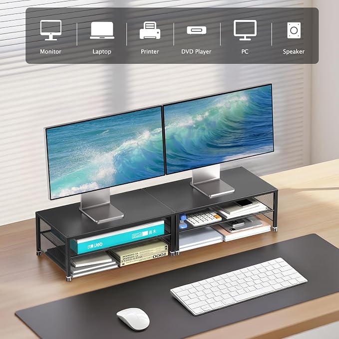 2-Tier Computer Monitor Stand Riser, Laptop Stand for Desk, Desk Organizer for Office, Home and School Supplies, Black