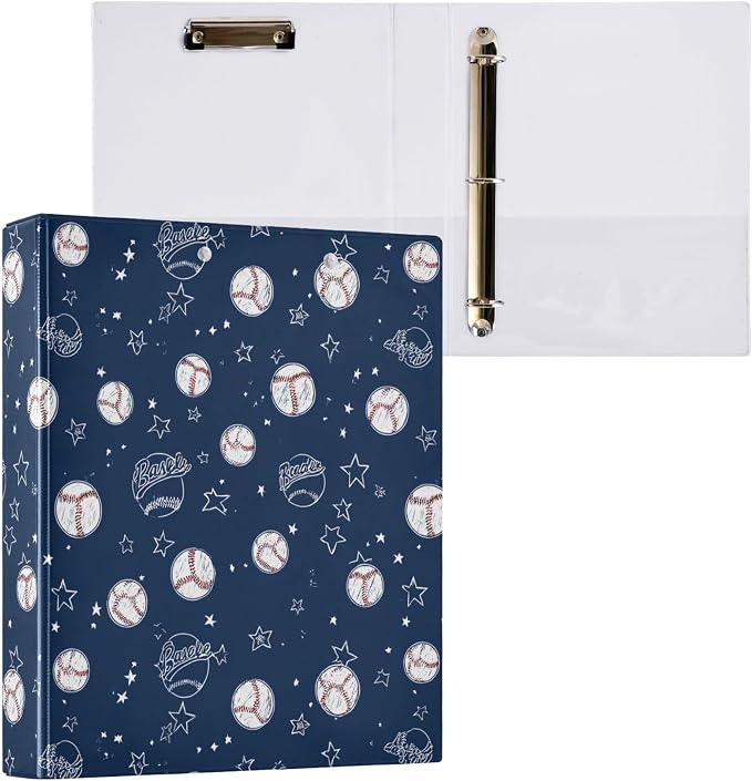 Baseballs and Stars Round Ring Binders 1.5 Inch Softball White Blue Purple 3 Ring Clipboard Binder for Office School Work Supplies File Folder 200 Sheet Capacity