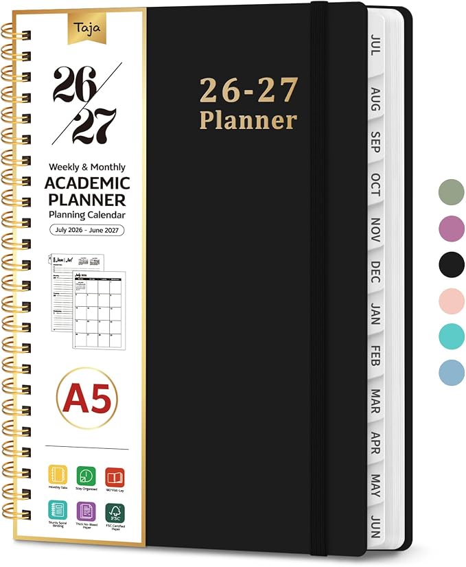 Taja Planner 2026-2027, 6.3" x 8.5" Calendar Planner, Jul 2026-Jun 2027 | A5 Hardcover Weekly & Monthly Academic Year Planner, Large Planning Agenda With Tabs, School & Office Supplies, Black
