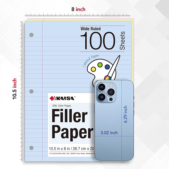 Kaisa Filler Paper Colored loose Leaf Paper, Wide Ruled 8x10.5in Colored Paper, 3-Hole Punched for 3-Ring Binders,100Sheets/pack 4Packs, FC10001W