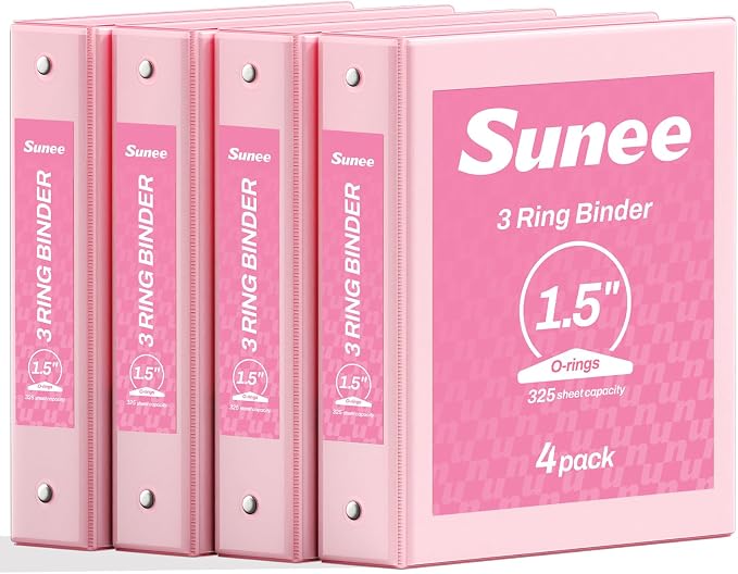 SUNEE 1.5 Inch Binders 3 Ring 4 Pack, Clear View 1 1/2 Inch Binders Three Ring PVC-Free (Fit 8.5x11 Inches) for School or Office Supplies, Pink