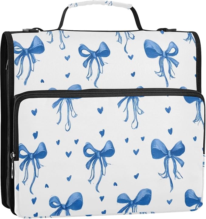 3 Ring Zipper Binder with Shoulder Strap Blue Bows Ribbons Polka Dots 1.5 inch Binders Keeper Large Capacity Multi Pockets for School Office Supplies