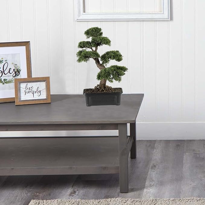 Nearly Natural 4103 24in. Cedar Bonsai Silk Plant,Green | Exposed-Root System, Artfully Trimmed Bonsai Replica, Rectangular Shaped Planter, Maintenance-Free Office Accent