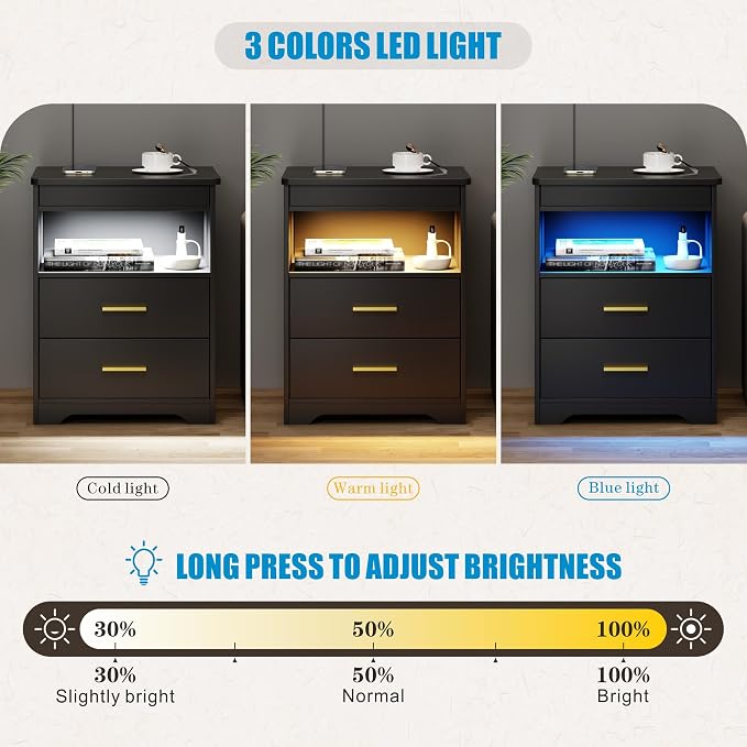 LED Nightstand with Gun Drawer & Charging Station | 3-Color Lights & Human Body Sensor, Smart USB Type-c, 2 Drawers Hidden Storage, End Table Bedroom Livingroom