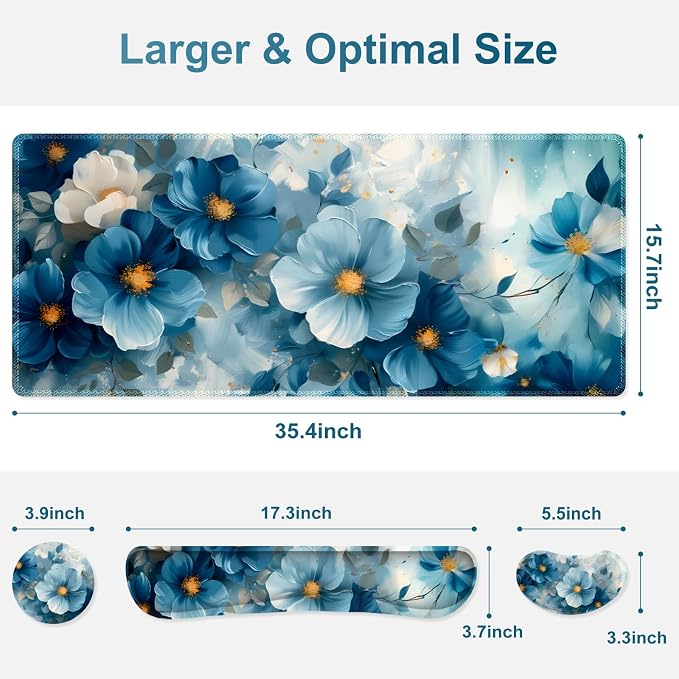 Desk Mat Pad, Gaming Mouse Pad Wrist Support Set, 4 in1 Non-Slip Large Mousepad + Ergonomic Design Keyboard Wrist Rest+Mouse Wrist Rest+Coaster for Home Office Computer I Blue Floral Watercolor