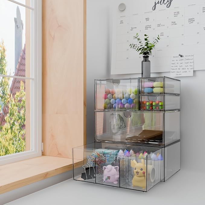 Clear 5-Drawer Stackable Desk Organizer Storage Set | Unique nine-grid drawer, Acrylic, Separate drawers, Dustproof, Easy to clean, for Office supplies, Pens, Jewelry, Makeup