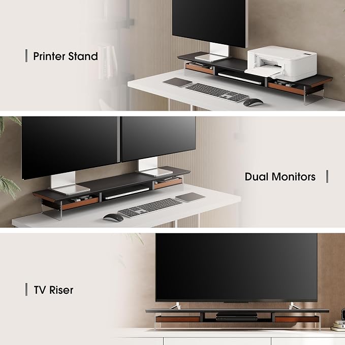 Fenge 42.5-Inch Monitor Stand with 2 Flexible Drawers, Black | Metal Shelf, Solid Wood Accents, Clear Acrylic Legs, Modern Desktop Organizer for Dual Monitors, Laptop & Printer