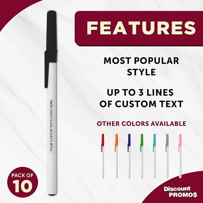 DISCOUNT PROMOS Custom Value Stick Pens Set of 10, Personalized Bulk Pack - Black Ink, Great for Office, School, Business, Tradeshows, Events - Black