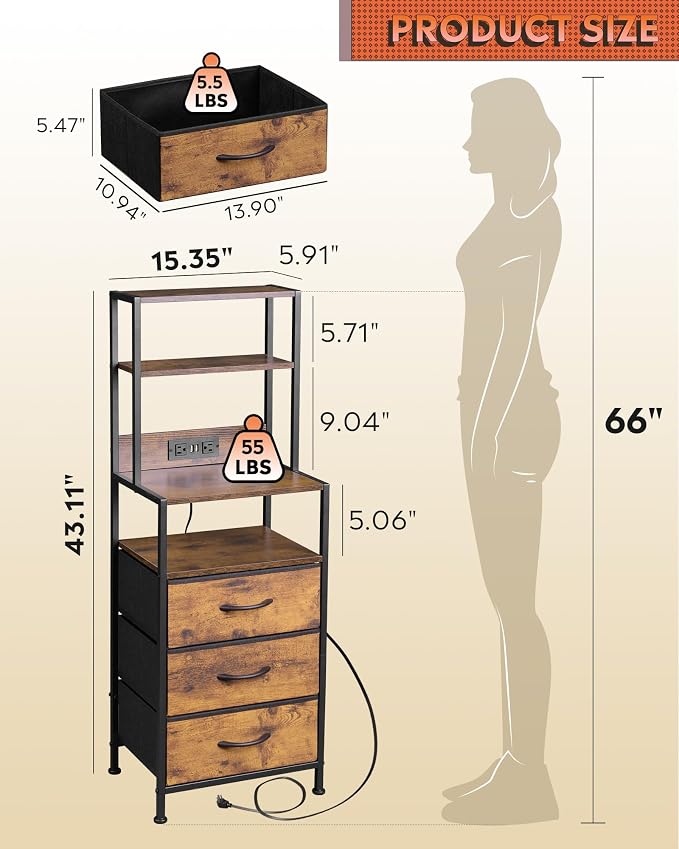 WLIVE Tall Nightstand with 3 Fabric Drawers, Night Stand with Charger Station and Open Shelves, LED Nightstand, Bed Side Table for Bedroom, Living Room, Rustic Brown