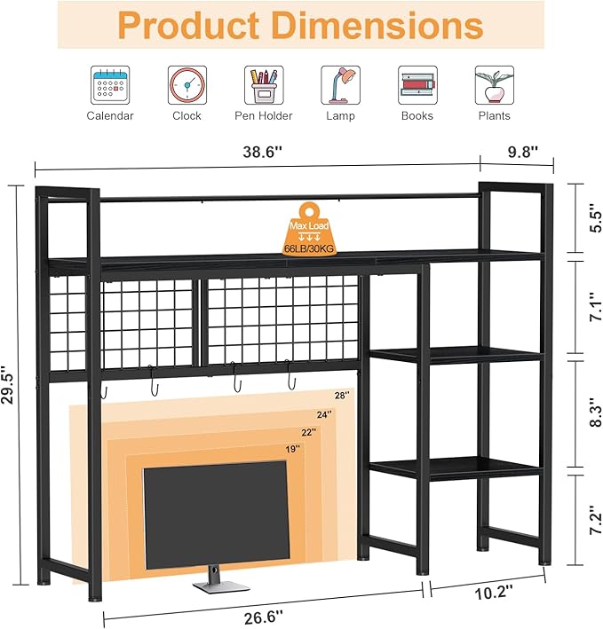 Snughome Desk Shelf, 38.6" Desktop Organizer Shelf, Desk Hutch for Computer Monitor, 4 Tier Desk Display Rack with Pegboard Hooks Set, Wood Desktop Bookshelf for Home Office Dorm, Black