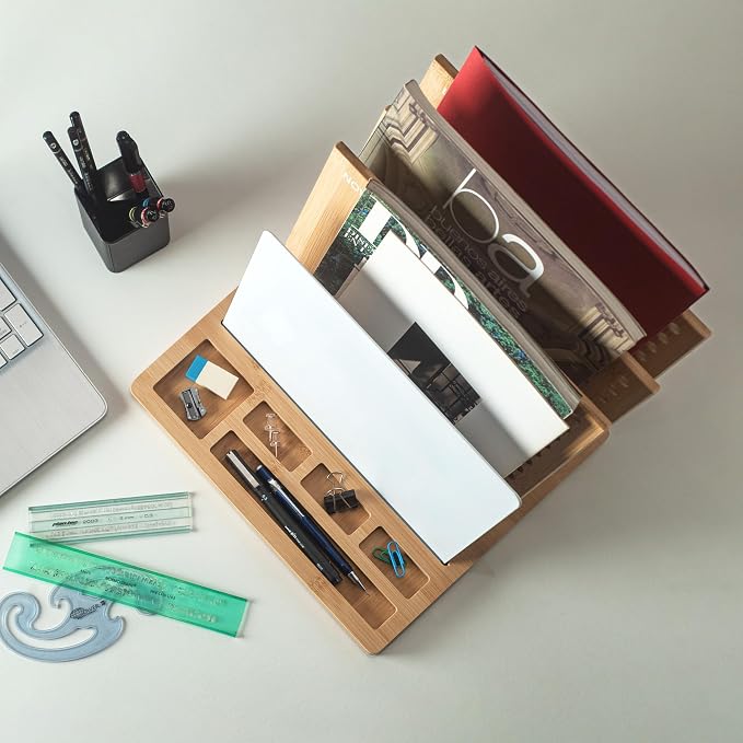 Bamboo Wood Desk Organizer: 3-Tier File Holder, Mail Organizer, Non-Slip Design, Effortless Assembly, Perfect for Desk System