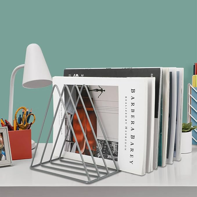 Vinyl Record Holder Storage, 9 Slot Metal Magazine Book Album Display Rack, Stylish Triangle Desktop File Sorter Organizer for Home Office, Grey