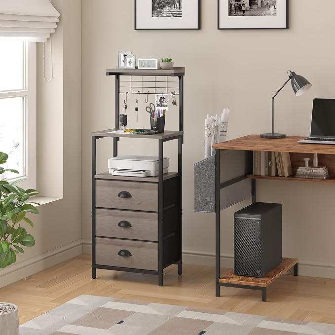 sthmec Bedside Tall Nightstands with Charging Station, LED Bedside Table for Bedroom - 3 PU Fabric Drawers, Hooks, USB/Type-C Ports & Open Bedside Shelves, Grey
