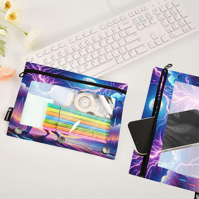 Custom Wolf Howling in Moon Night Pencil Pouch for 3 Ring Binder, 2 Pack Personalized Name Waterproof Pencil Bags Clear Window Pencil Case School Office Supplies