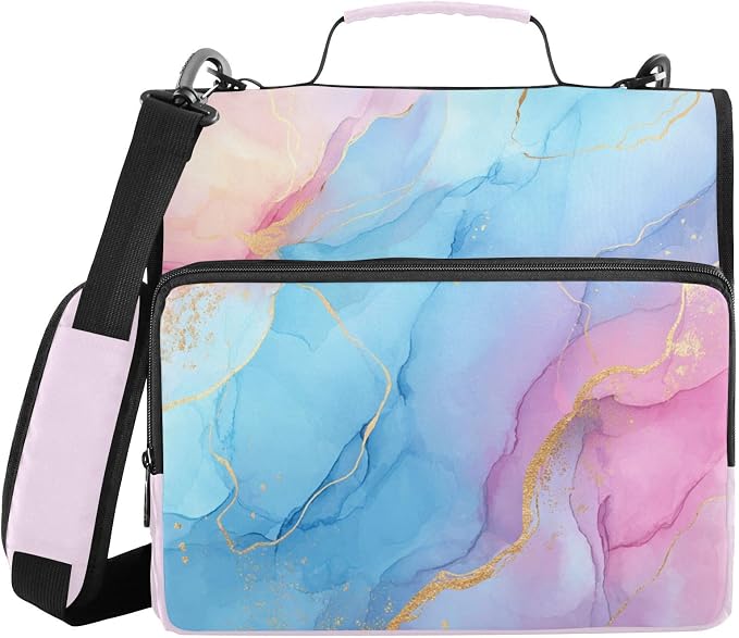 Blue Pink Marble Pattern 3 Ring Zipper Binder with Shoulder Strap & Handle 3 Inch D-Ring Zippered Bag with Pencil Pouch,Multiple Pocket & Expanding File Folder, Binder Organizer for School or Office