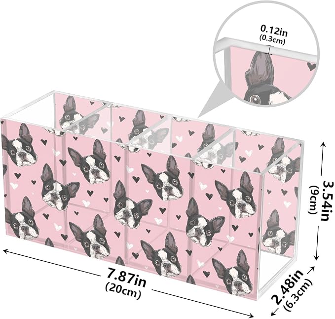 Cartoon French Bulldog Pink Acrylic Pencil Pen Holder Desk Accessories Holder, Cosmetic Brush Organizer Modern Design Desktop Stationery Organizer for Office School Home 7.87 x 2.48 x 3.54 In