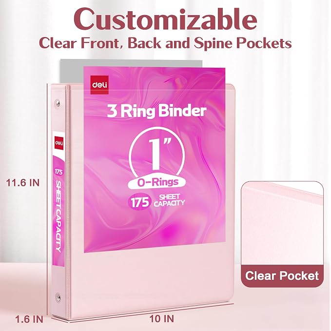 deli 1-inch 3 Ring Binder Pink,11" x 8.5" US Letter Size,2 Pack | 3 Ring Binder with 2 Interior Pockets, 175 Sheets Capacity, 1 inch Binders fits 11" x 8.5" US Letter Size