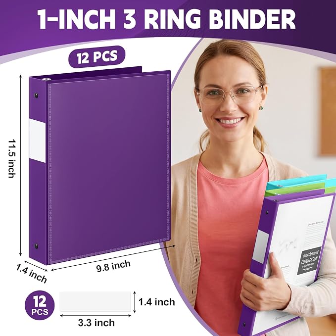 Henoyso 1 Inch 3 Ring Binders with Clear Front Cover and 2 Pockets, Round Ring Binders Fits 8.5'' x 11'' Letter Size Paper for School Office Supplies, 12 Pack (Assorted Stylish Color)