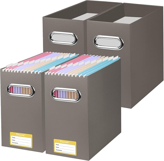 BALEINE 4PK File Organizer Box, Cardboard File Folder Organizer with Handle | Strong Corrugated Paper Core, Label Stickers for Identification, Hanging File Folder Organizer, Home Office Document Storage