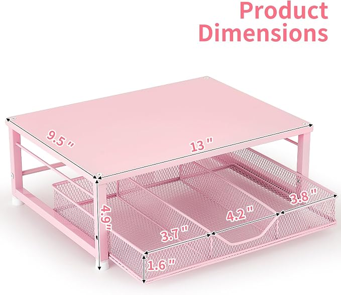 Small Pink Laptop Stand for Desk, Monitor Stand, Office Desk Accessories, Computer Desktop Stand with Drawer for Home, Office, School (Pink)