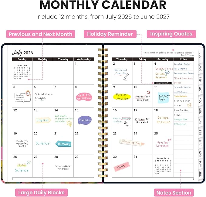 Academic Planner 2026-2027, Monthly and Weekly Calendar Planner, July 2026 - June 2027, Pretty Hardcover Teacher Student Planning Agenda Book with Tabs, Fit for School Office Supplies, 8.5" x 11", Humming Glow