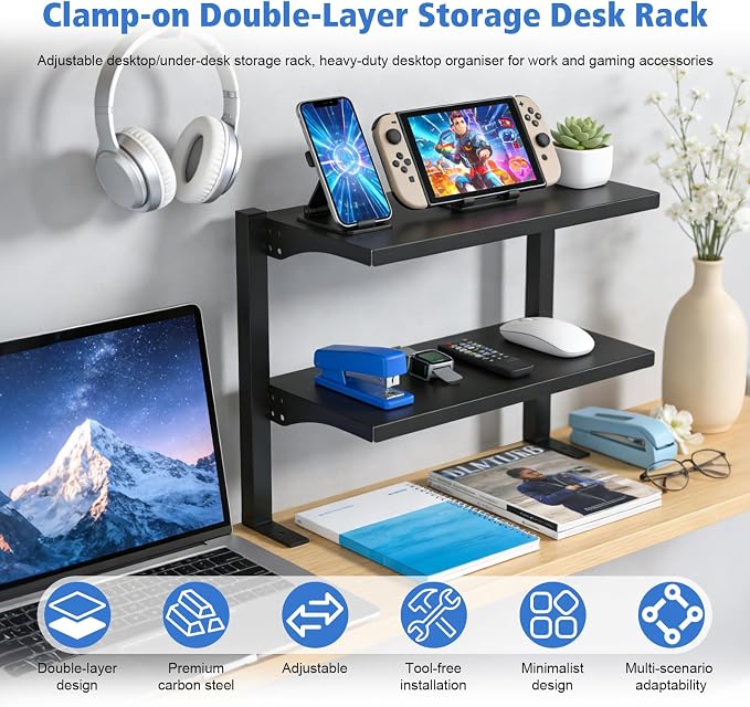 2-Tier Clamp-On Desk Shelf Organizer, Steel 16in Desk Shelf, Large | Heavy Duty, Expandable Above/Under Desk Storage Shelves, Desktop Extender Accessories for Office Study Room and Game Rooms