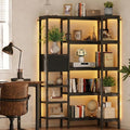 L-Shaped Corner Bookshelf with LED Light Strips & Fabric Drawers, 5-Tier Industrial Convertible Book Shelf Freestanding Display Shelf for Living Room,Home Office,Bedroom (Black)