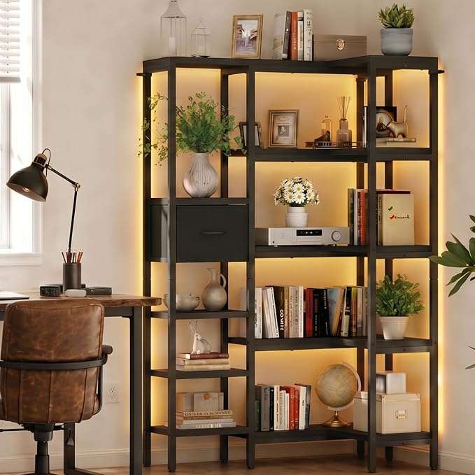 L-Shaped Corner Bookshelf with LED Light Strips & Fabric Drawers, 5-Tier Industrial Convertible Book Shelf Freestanding Display Shelf for Living Room,Home Office,Bedroom (Black)