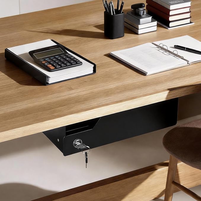 Under Desk Drawer Storage with Lock, Metal Undermount Table Drawer, Ball Bearing Slides Out Tray Organizer for Paper, Pencil, and Laptop 16"x11.8"x3.6", Black